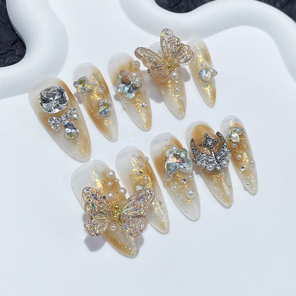 Gold Sparkle Nails Butterfly 3D Prom