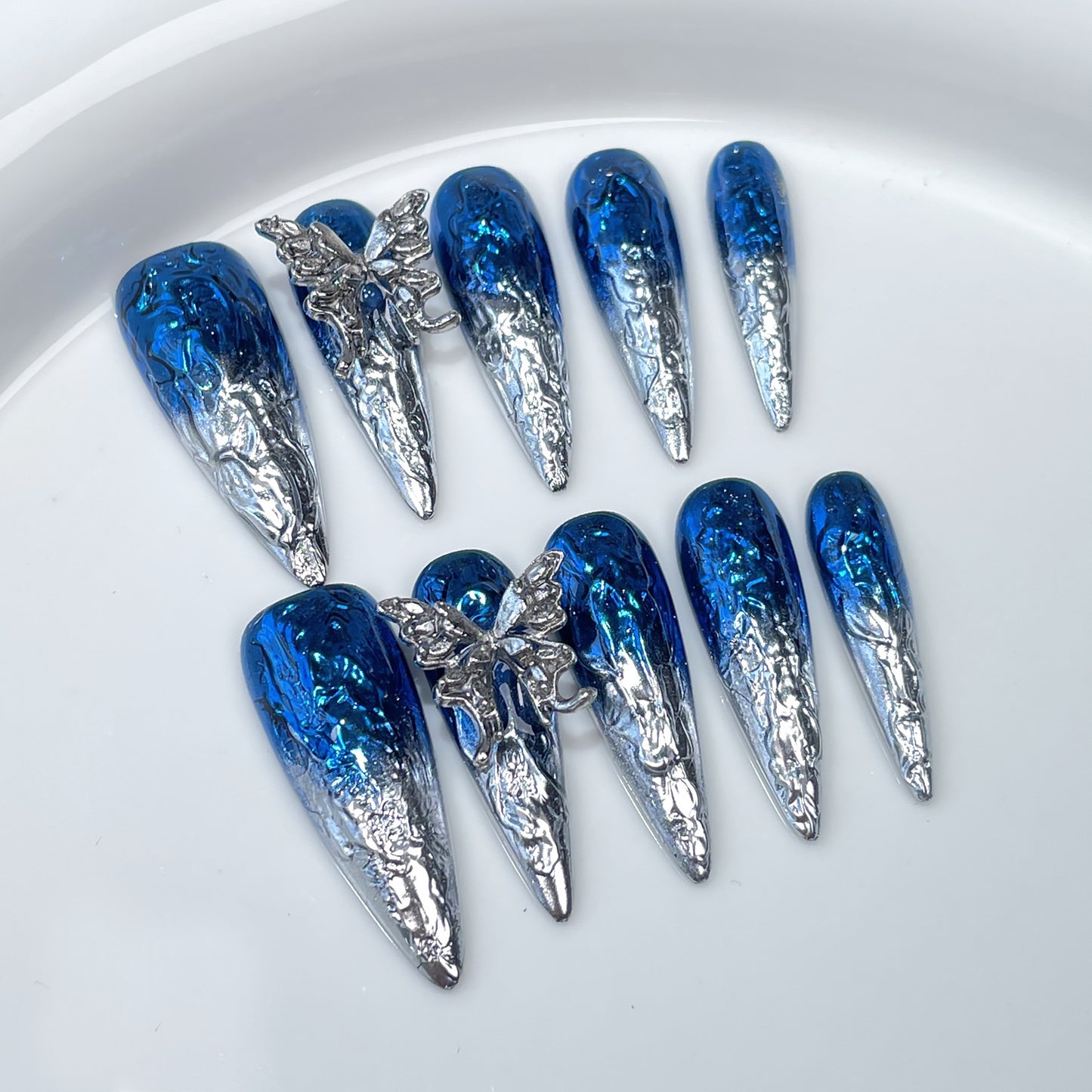 3D Chrome Blue Stiletto Ombre Nails