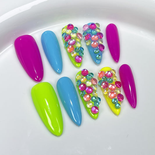 Summer Nails Neon Rhinestone Edgy Almond