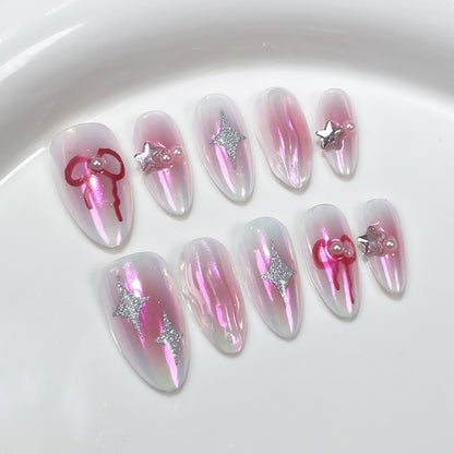 Pink Coquette Nails Aura Almond Acrylic