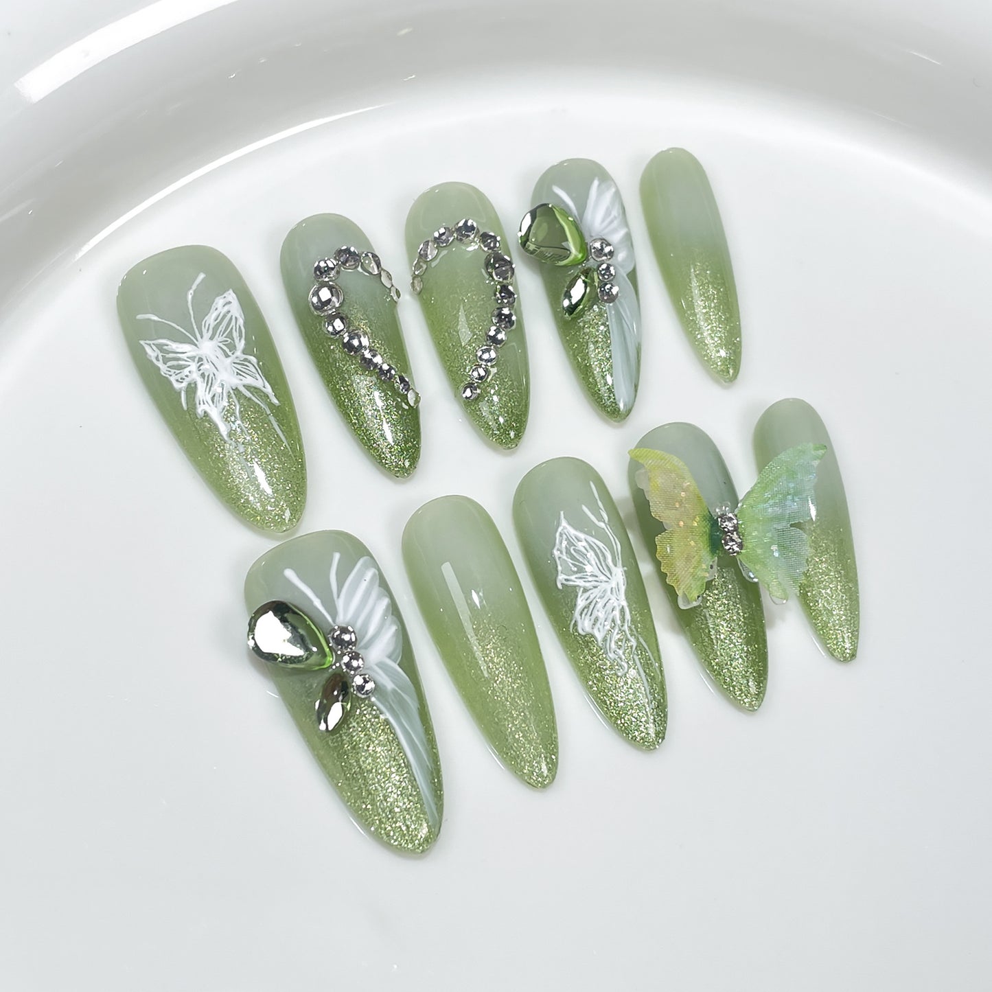 Matcha Green Nails Glitter Butterfly Fantasy