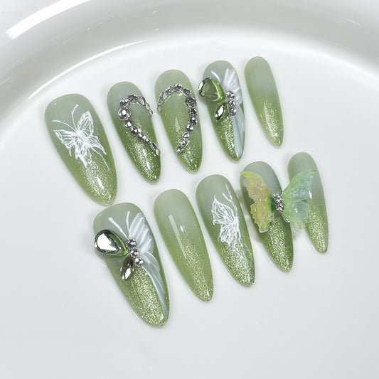 Matcha Green Nails Glitter Butterfly Fantasy