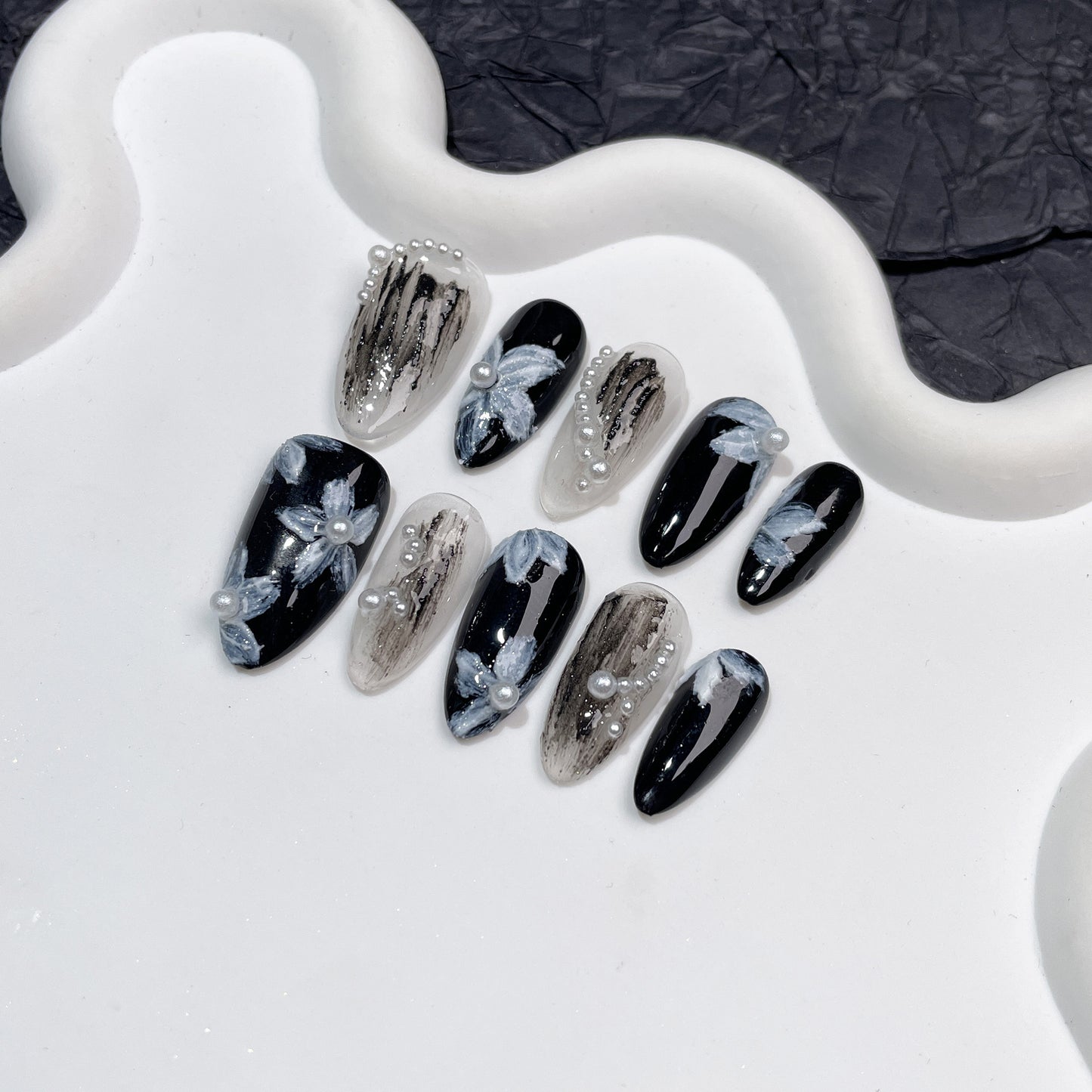 Black Almond Nails Design Flower Pearl