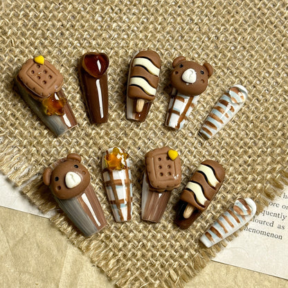 Teddy Bear Nails Brown Kawaii Coffin Birthday