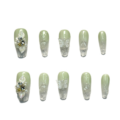 Sage Green Ombre Nails Butterfly Rhinestone