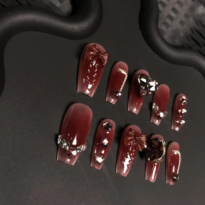 Bow Crystal Coffin Red Ombre Nails