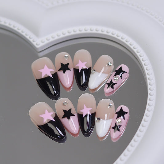 Black and Pink French Tip Nails Star