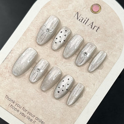 Silver Cat Eye Nails Polka Dot Oval