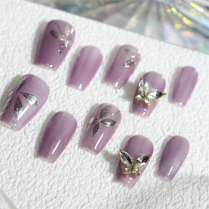 Butterfly Nails Purple Cat Eye Short Coffin