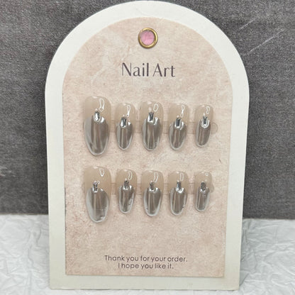 Silver Acrylic Nails Chrome Oval Cool