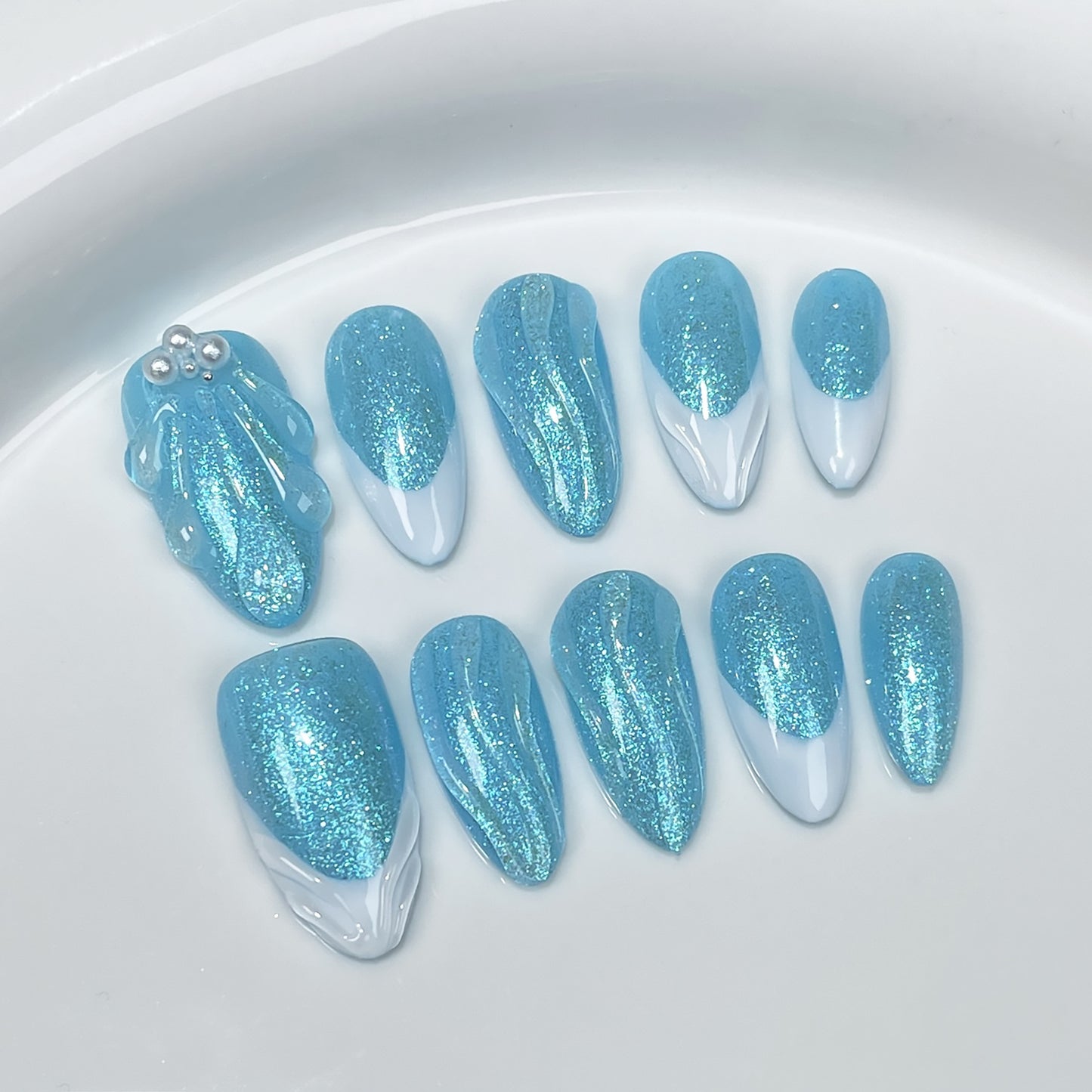 Ice Blue Nails Glitter French Ocean