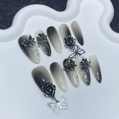 Ombre Black Nails 3D Flower Goth