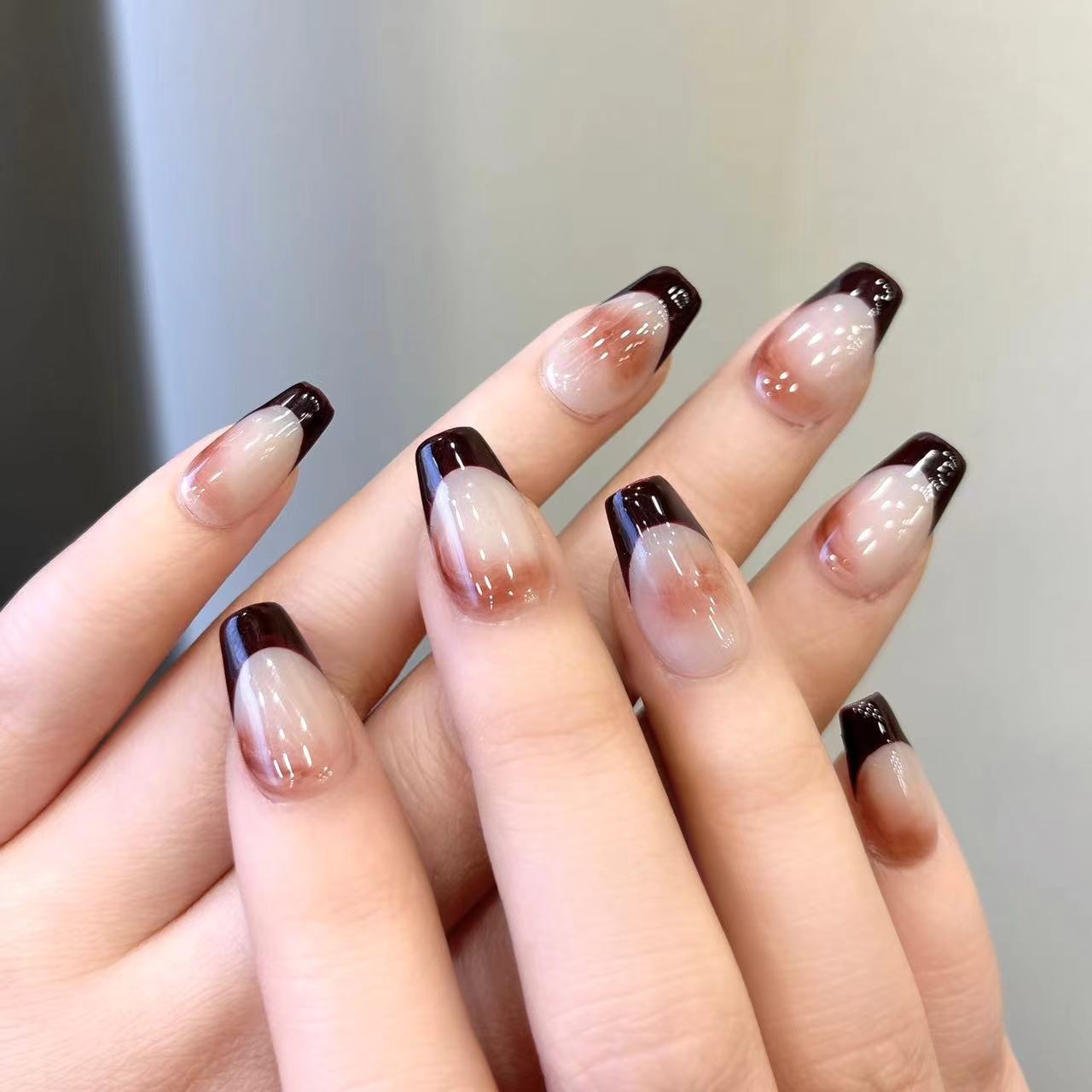 Coffin French Nails Burgundy Marble Classy