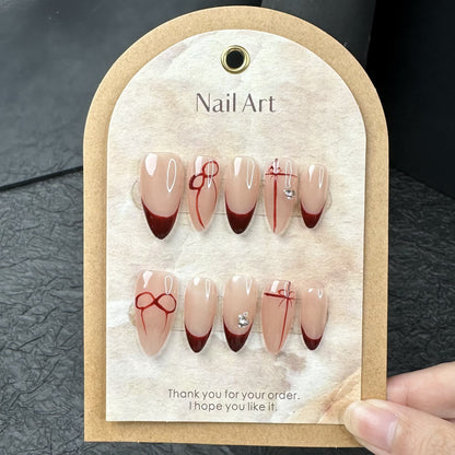 Dark Red French Tip Nails Almond