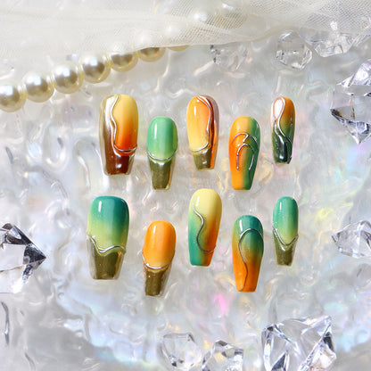 Orange and Green nails Ombre Chrome Coffin