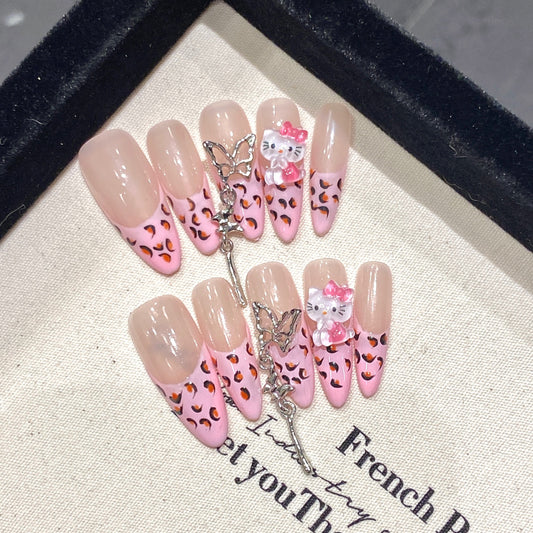 Pink Leopard Print Nails French Y2K