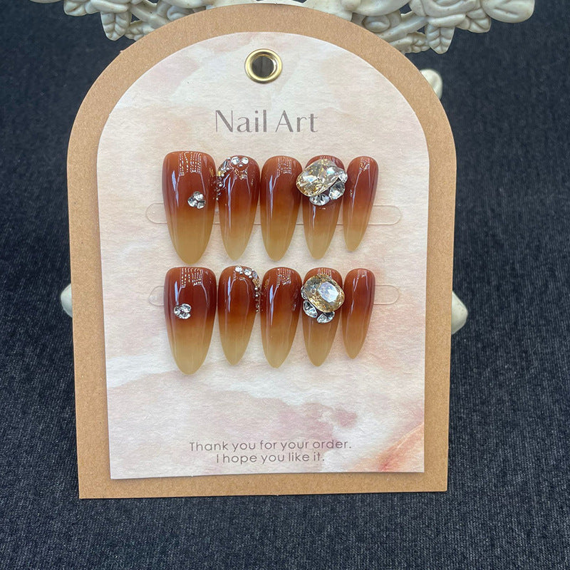 Autumn Ombre Nails Brown Rhinestone Press on