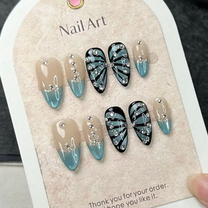 Blue Butterfly Nails Almond French Beach