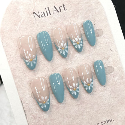 Summer Daisy Nails Blue French Almond