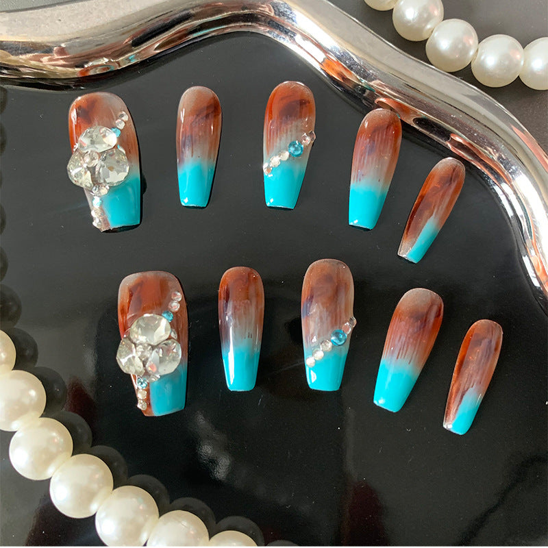 Turquoise French Tip Nails Ombre Rhinestones