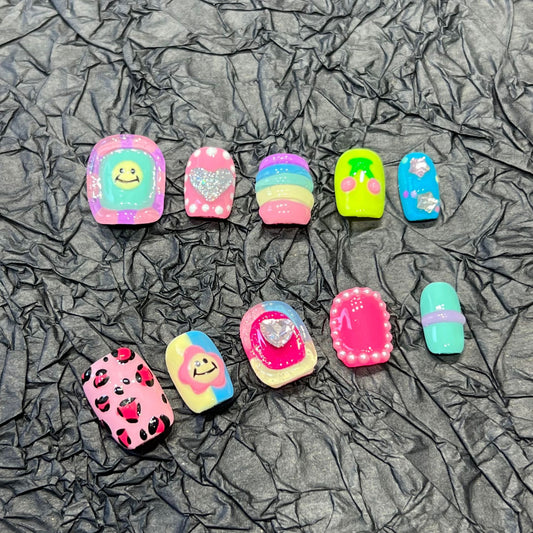 Preppy Smiley Face Nails Press on Rainbow