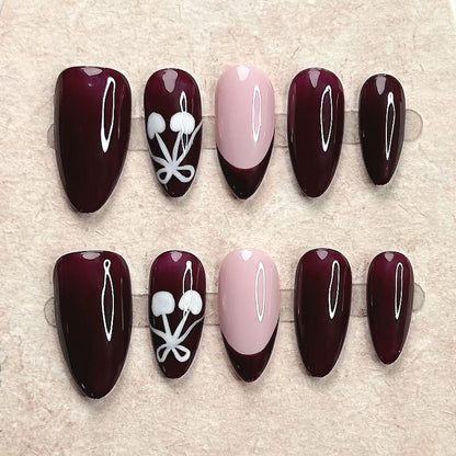 Dark Burgundy Nails Flower French Vintage