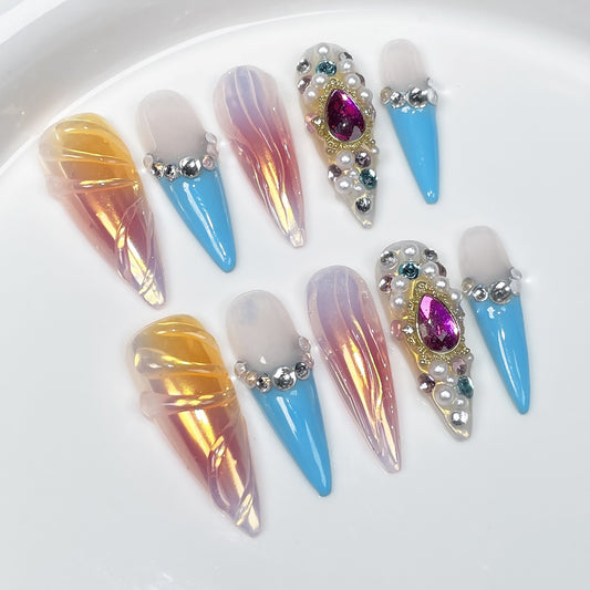 3D Mermaid Rhinestone Stiletto Ombre Nails