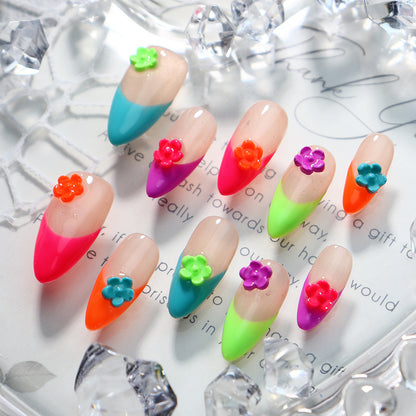 Neon French Nails 3D Flower Almond