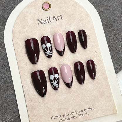 Dark Burgundy Nails Flower French Vintage