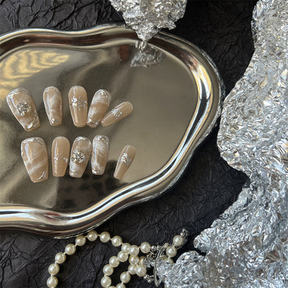 Brown And White Marble Nails Press On Coffin