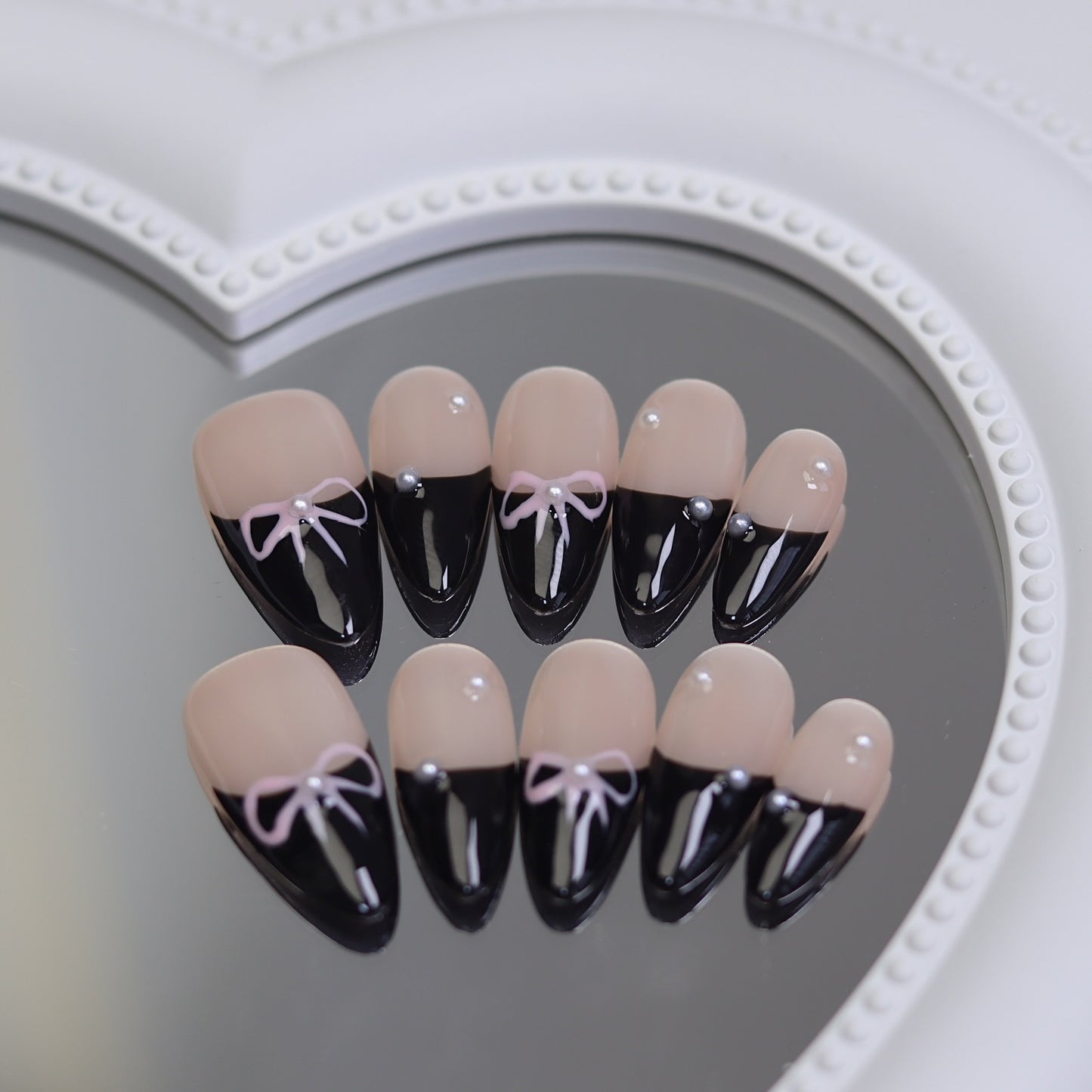 Black French Almond Nails Bow Design Y2k