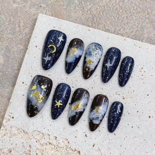 Black Galaxy Nails Gold Flakes Almond