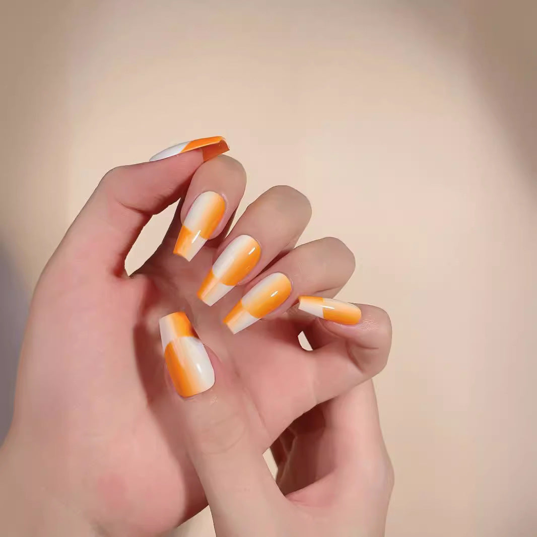 White and Orange Nails Ombre Reverse French