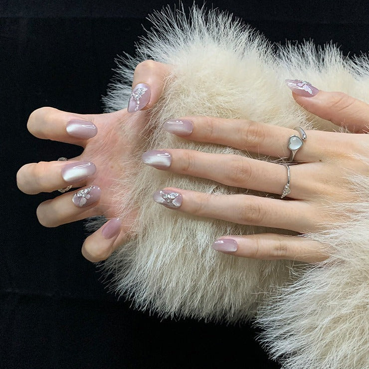 Light Pink Cat Eye Nails Butterfly Press on