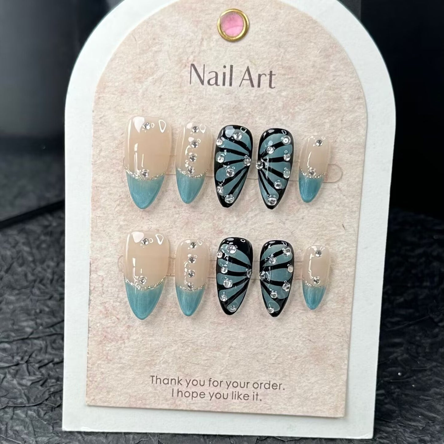 Blue Butterfly Nails Almond French Beach