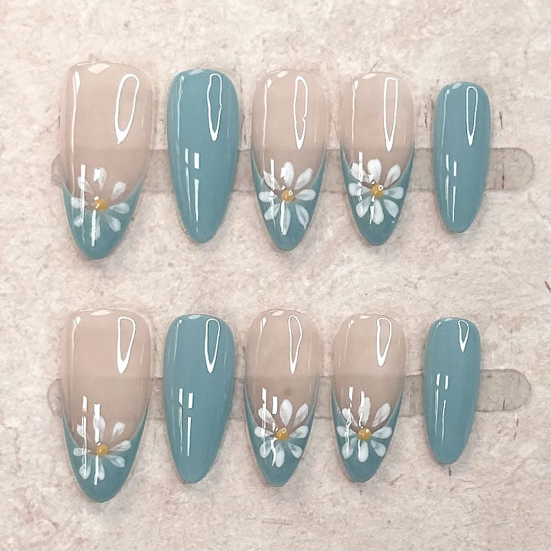 Summer Daisy Nails Blue French Almond