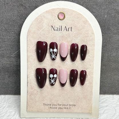 Dark Burgundy Nails Flower French Vintage