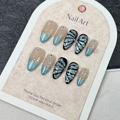 Blue Butterfly Nails Almond French Beach