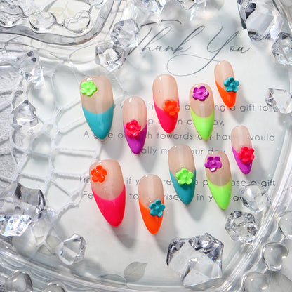 Neon French Nails 3D Flower Almond