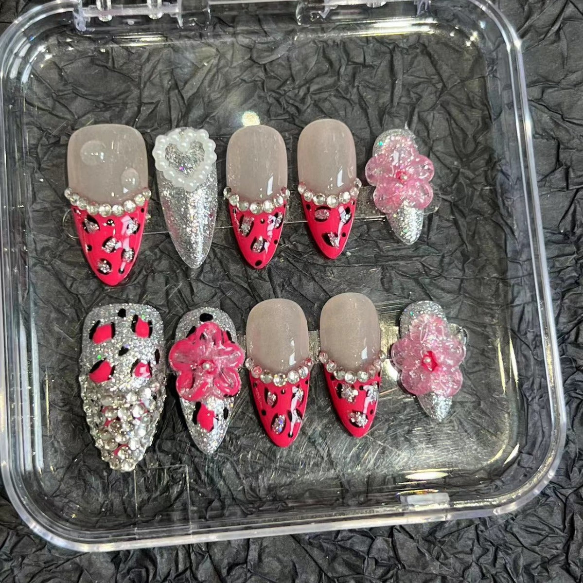 Hot Pink Leopard Print Nails Rhinestone