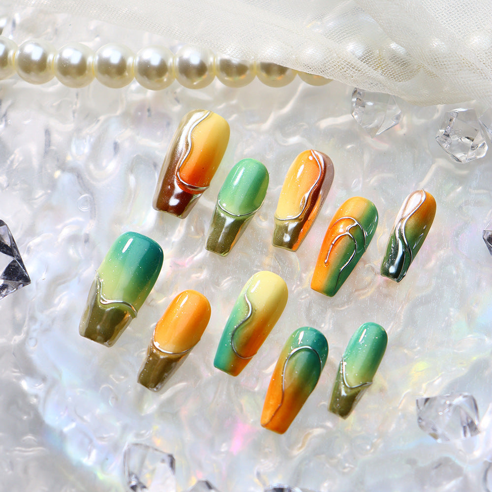 Orange and Green nails Ombre Chrome Coffin