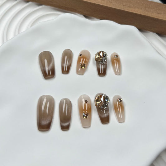 Neutral Fall Nails Ombre Diamond Press on