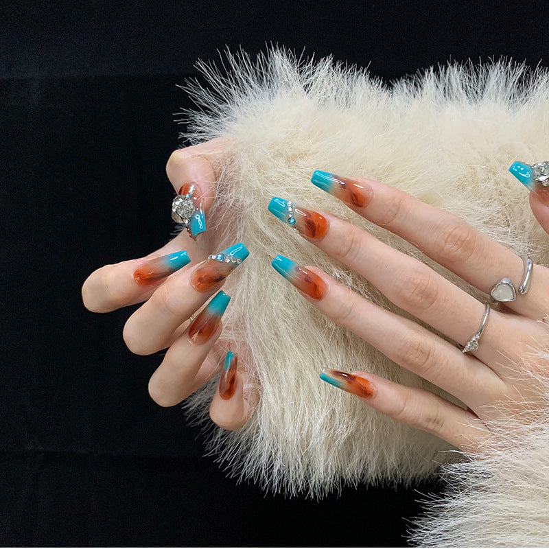 Turquoise French Tip Nails Ombre Rhinestones