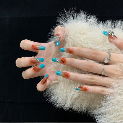 Turquoise French Tip Nails Ombre Rhinestones