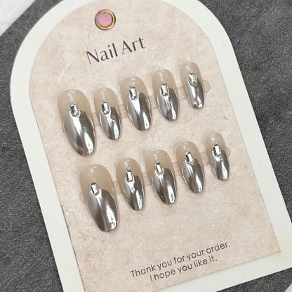 Silver Acrylic Nails Chrome Oval Cool