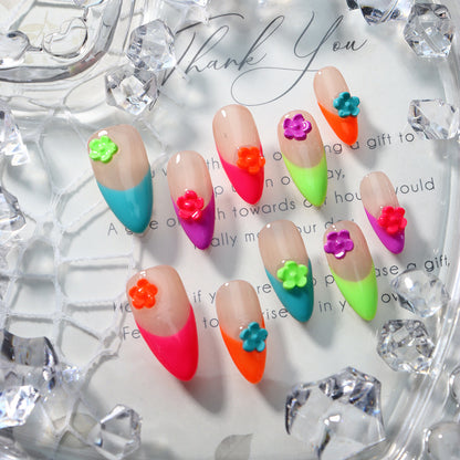 Neon French Nails 3D Flower Almond