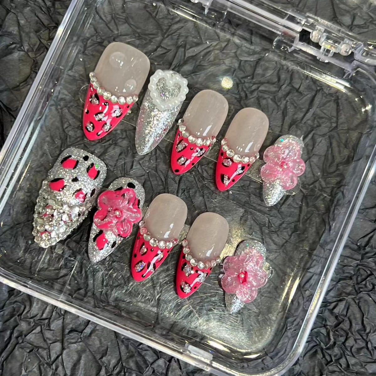 Hot Pink Leopard Print Nails Rhinestone