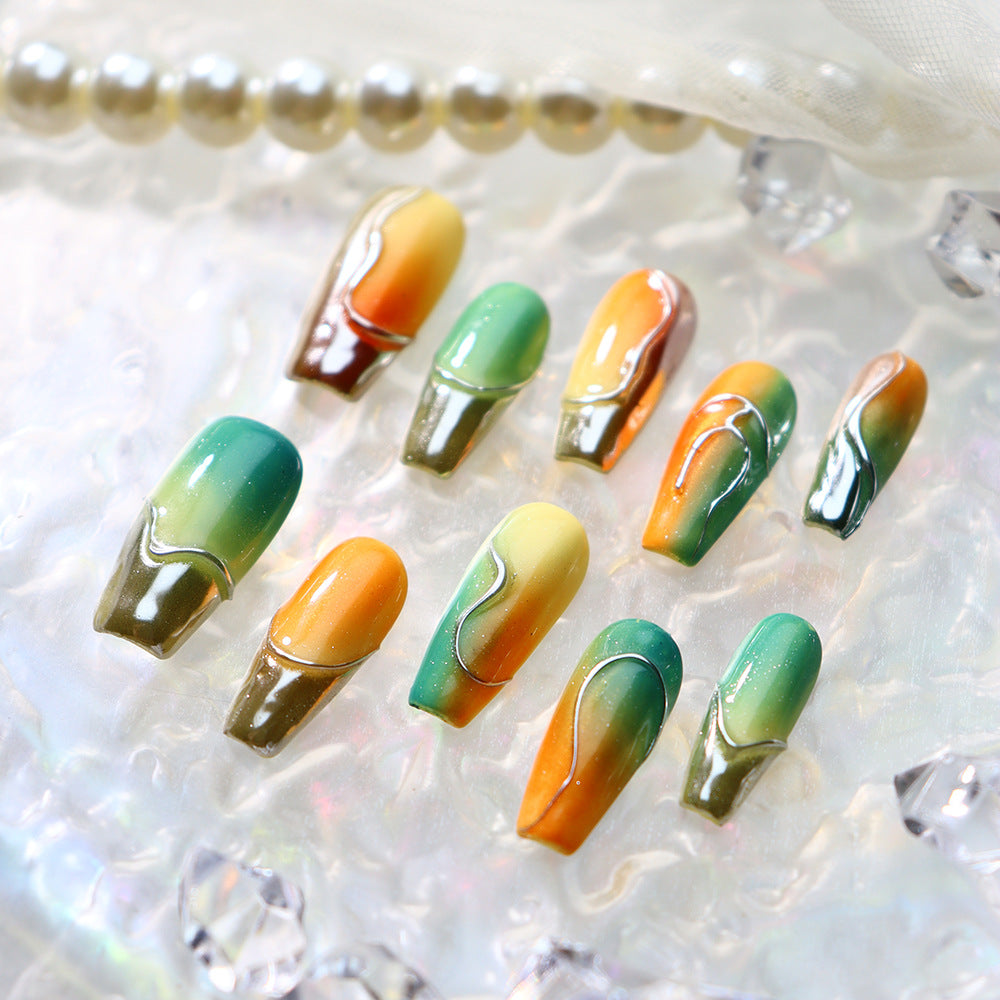 Orange and Green nails Ombre Chrome Coffin