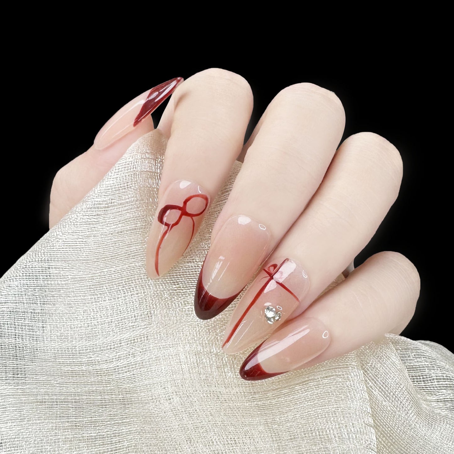 Dark Red French Tip Nails Almond