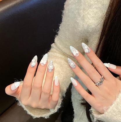 White Silver Nails 3D Flower Design